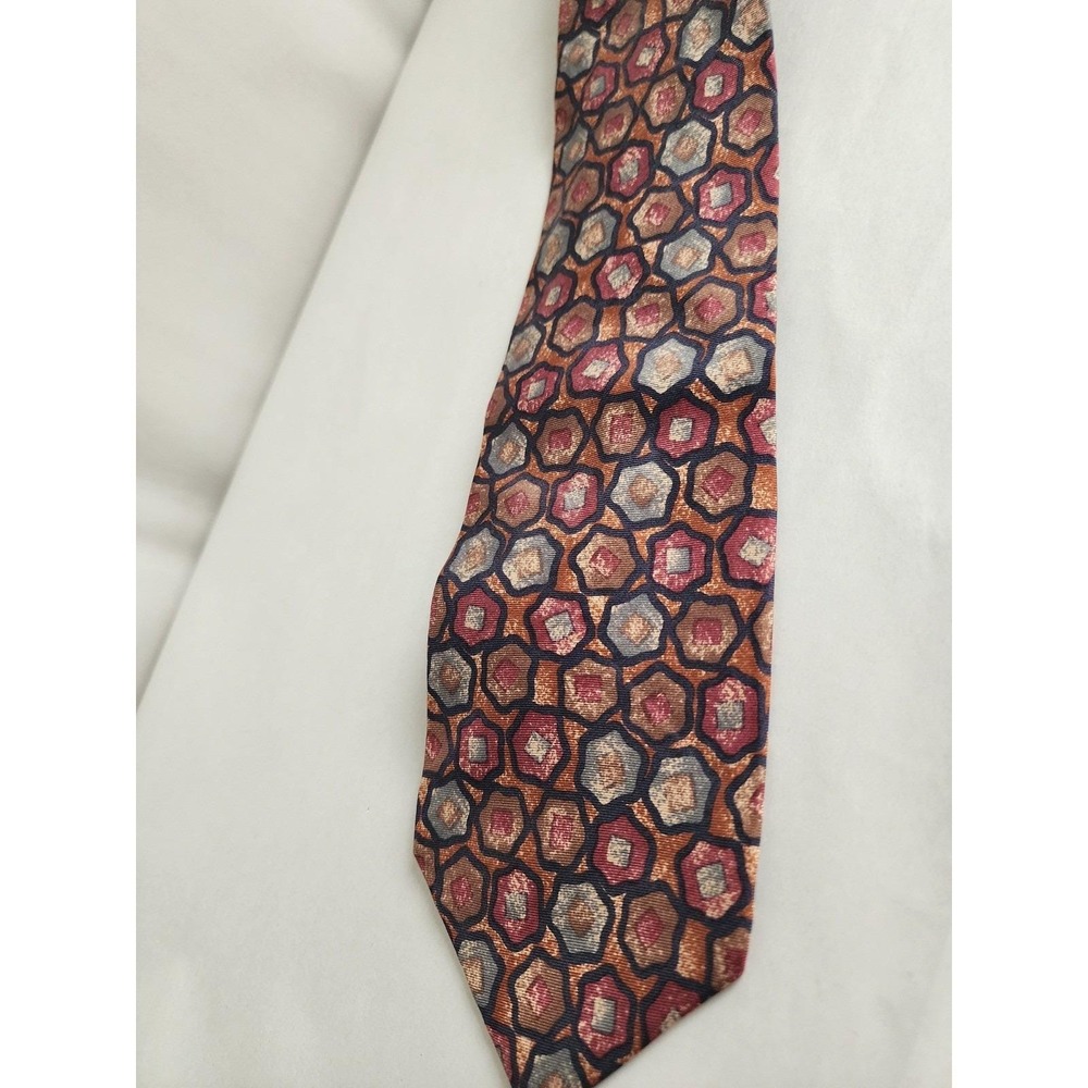 Hathaway Tie Mens Silk Necktie Burgundy Copper Grey Geometric Hexagon Made USA